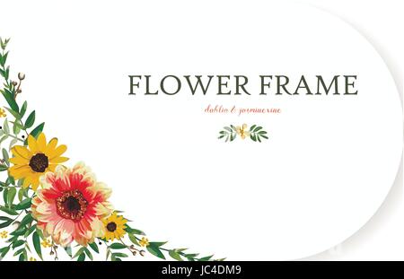 Flower Wreath yellow orange Dahlia Sunflower, Jasmine vine Leaf beautiful summer bouquet vector illustration top horizontal elegant cute visit card de Stock Vector