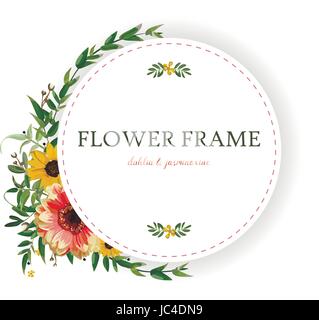 Flower circle round wreath flowers yellow orange Dahlia, Sunflower, Jasmine leaves beautiful lovely autumn summer bouquet vector illustration square e Stock Vector