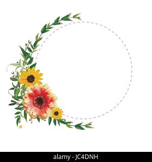 Flower circle round wreath flowers yellow orange Dahlia Sunflower eucalyptus leaves beautiful lovely fall summer bouquet vector illustration top view  Stock Vector