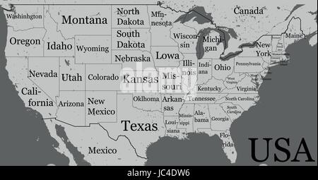 USA map with state boundaries and names. Blank black contour isolated on white. Vector detailed monochrome illustration. Stock Vector