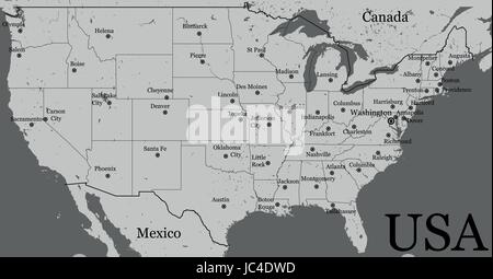 Blank USA map isolated on gray background. United States of America country with city names inscriptions. Vector layout info graphics illustration des Stock Vector