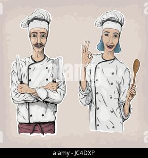 Woman and men caucasian cook chef worker in chef's jacket cap with happy smile portrait. Vector closeup square beautiful colorful black linear illustr Stock Vector