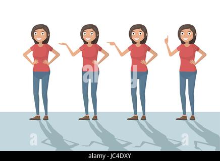 Woman lady girl female person funny cartoon casual in various poses pointing with hand for use in presentations. Vector closeup flat design character  Stock Vector