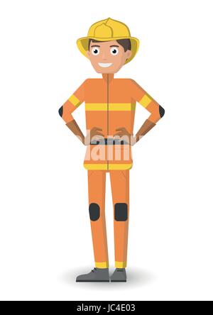 Man in the uniform of a fireman. The happy smiling fireman's form orange with golden helmet. Profession single person, worker in cartoon flat design s Stock Vector