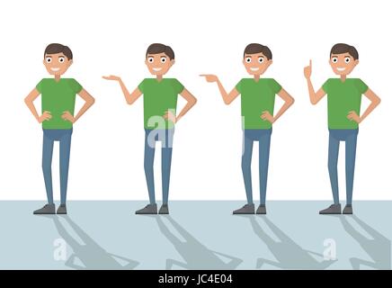 Man male person funny cartoon casual in various poses pointing with hand for use in presentations. Vector closeup flat design character color illustra Stock Vector