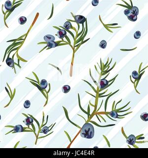 Juniper Branch with green Leaves and blue Berries Seamless Pattern background Natural Watercolor style herbal Vector illustration isolated on diagonal Stock Vector