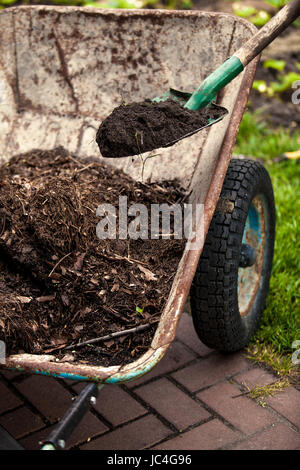 Closeup photo of spade putting soil in old wheelbarrow Stock Photo - Alamy