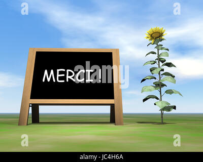 Blackboard saying thank you in french upon grass with sunflower by beautiful day - 3D render Stock Photo