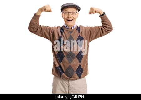 Cheerful senior flexing his muscles and looking at the camera isolated on white background Stock Photo