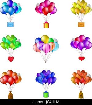 Set of balloons, colorful bunches flying with various objects: holiday mail, gift box, valentine heart, bag of money. Vector Stock Vector