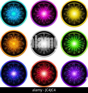 Set of round buttons with fireworks of various bright colors on black background, element for holiday web design. Eps10, contains transparencies. Vect Stock Vector