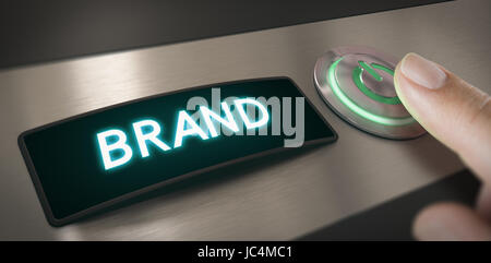 Hand pushing a brand activation button. Composite image between a hand photography and a 3D background. Stock Photo