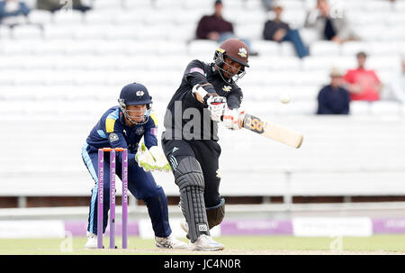 Surrey's Kumar Sangakkara hits for 6 on his way to  making 121 against Yorkshire, during the Royal London One Day Cup, Quarter Final at Headingley, Leeds. PRESS ASSOCIATION Photo. Picture date: Tuesday June 13, 2017. See PA story CRICKET Yorkshire. Photo credit should read: Martin Rickett/PA Wire. Stock Photo