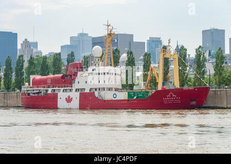 Montreal, CANADA - 12 June 2017: Icebreaker C3 cruising the Northwest Passage from Toronto to Victoria is moored in Montreal Old Port Stock Photo