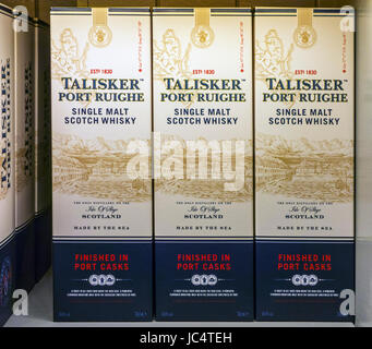 Boxes with Port Ruighe single malt Scotch whisky at the Talisker distillery in Carbost, Scotland on the Isle of Skye
