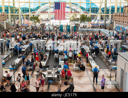 Busy TSA security checkpoint at Denver, Colorado International Airport. Stock Photo