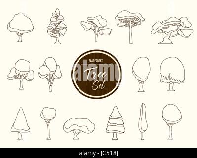 Set of hand drawn forest trees, outline template collection for coloring book or decoration. EPS10 vector. Stock Vector