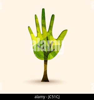 Green hand tree symbol with wood texture. Concept illustration for environment care or nature help project. EPS10 vector. Stock Vector