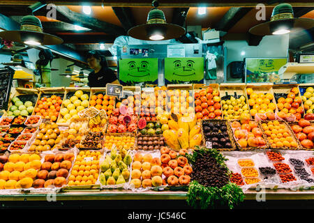 BARCELONA, SPAIN - AUGUST 05, 2016: Fresh Fruits For Sale In Santa Catarina Market Of Barcelona City. Stock Photo