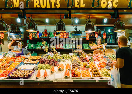 BARCELONA, SPAIN - AUGUST 05, 2016: Fresh Fruits For Sale In Santa Catarina Market Of Barcelona City. Stock Photo