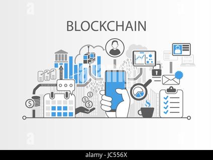 Blockchain vector background illustration with hand holding smartphone and icons Stock Vector