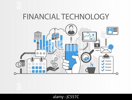 Financial Technology / Fin-Tech concept vector background with hand holding smartphone Stock Vector