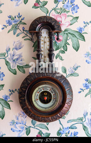 Old thermometer Barometer with temperature and pressure gauge on floral wallpaper background Stock Photo