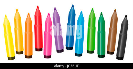 Felt pens, colorful set for painting coloring books - loosely arranged - illustration on white background. Stock Photo