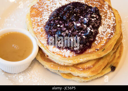 Blueberry pancakes with warm maple butter, Clinton Street Baking Company restaurant, Lower East Side, New York City Stock Photo