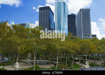 NEW YORK CITY, USA - SEPT 20, 2012: Battery Park is a 25-acre public park located at the Battery, the southern tip of Manhattan Island in New York City, facing New York Harbor.September 20, 2012 in NYC. Stock Photo