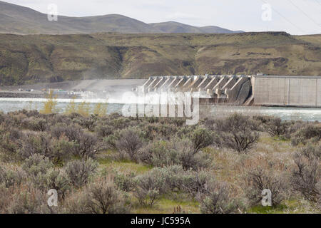 Grant County, Washington: Water release over the spillway at Wanapum Dam into the Columbia River after heavy spring rains. Stock Photo