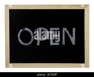 Open Sign Written In Chalk On A Black Chalkboard Frame. Display Text Lets Customers Know Retail and Services Are Open for Business. Stock Photo