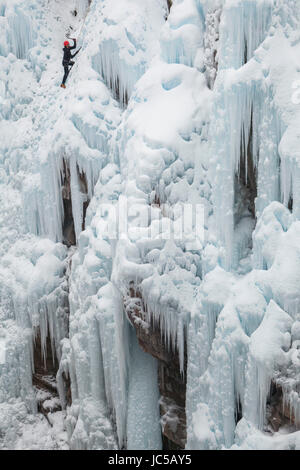 An ice climber follows a route in the Lead Area above the Upper Bridge at the Ice Park in Ouray, Colorado. Stock Photo