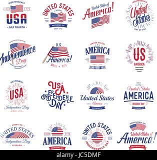 United States of America Vector Logos Vintage set. Independence day national holiday icons collection Blue and red colors USA windy flags. Retro style Stock Vector