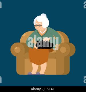 Grandmother and cat sitting on chair. granny cat lady. grandma and pet. old woman and animal. gammer and Beast Stock Vector