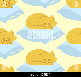 Cat sleeps on pillow seamless pattern. Sleeping kitten ornament. pet background Stock Vector