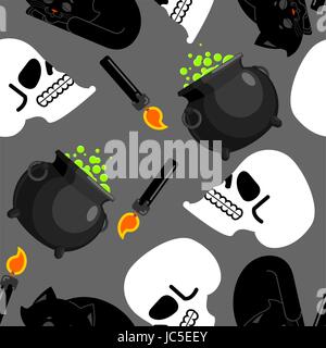 Witch pattern magical pot and skull, Black cat and candle for spells ornament. Halloween Background Stock Vector