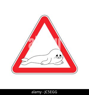 Attention Fur Seal. Caution small sea calf. Red triangle road sign Stock Vector