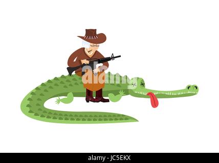 Grandmother is hunter for crocodiles. grandma sits on large alligator trophy with gun. Old woman in australian hat and boots Stock Vector