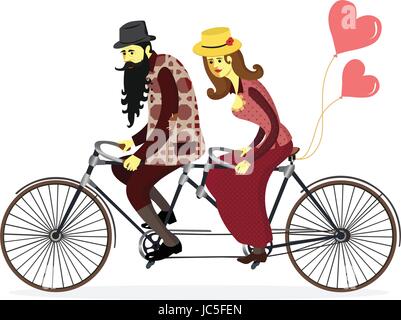 Cute vector flat illustration of happy young man and woman with long blond hair cartoon characters riding tandem bicycle isolated. Greeting card for V Stock Vector