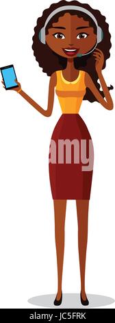 Support phone operator icon. Woman with smart phone. Customer support vector illustration isolated on white Stock Vector
