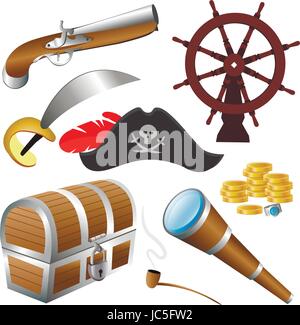Vector illustration of pirate icon set isolated on a white background. Stock Vector