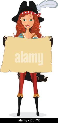 Pirate Girl with map. Pirate woman with scroll isolated on a white background. Vector illustration. Stock Vector