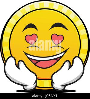 Cute golden coin character with love emotions, happy face, smile, arms ...