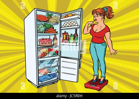 Young woman on scales, stand next to the refrigerator with food. Diet and weight-loss, fat people. A healthy lifestyle. Comic cartoon style pop art re Stock Vector