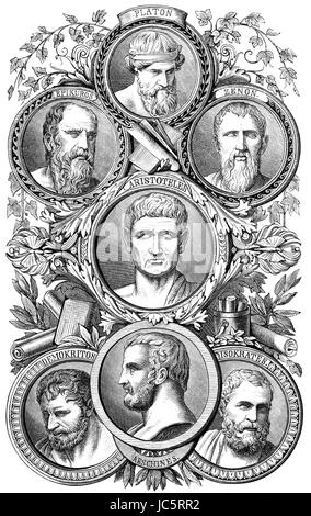 Plato, Zeno of Citium, Epicurus, Socrates, Aristotle, Democritus and Aeschines of Sphettus, classical Greek philosophers Stock Photo