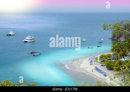 A view of Tortuga Island in Costa Rica during sunset from the top of a mountain. Stock Photo
