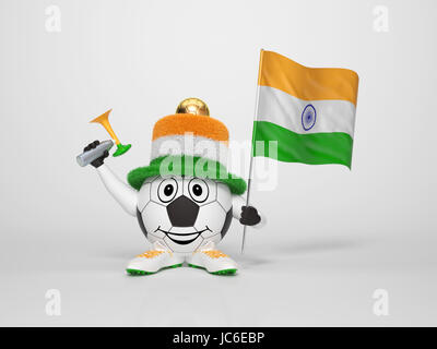A cute and funny soccer character holding the national flag of India and a horn dressed in the colors of India on bright background supporting his team Stock Photo