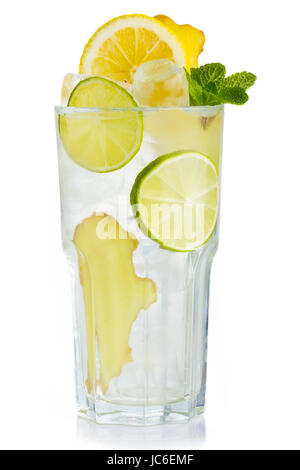 Full glass of fresh birch juice with lemon, ginger and mint leaves isolated Stock Photo