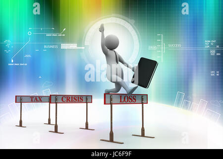 3d man jumping over a hurdle obstacle titled tax, crisis, loss Stock Photo
